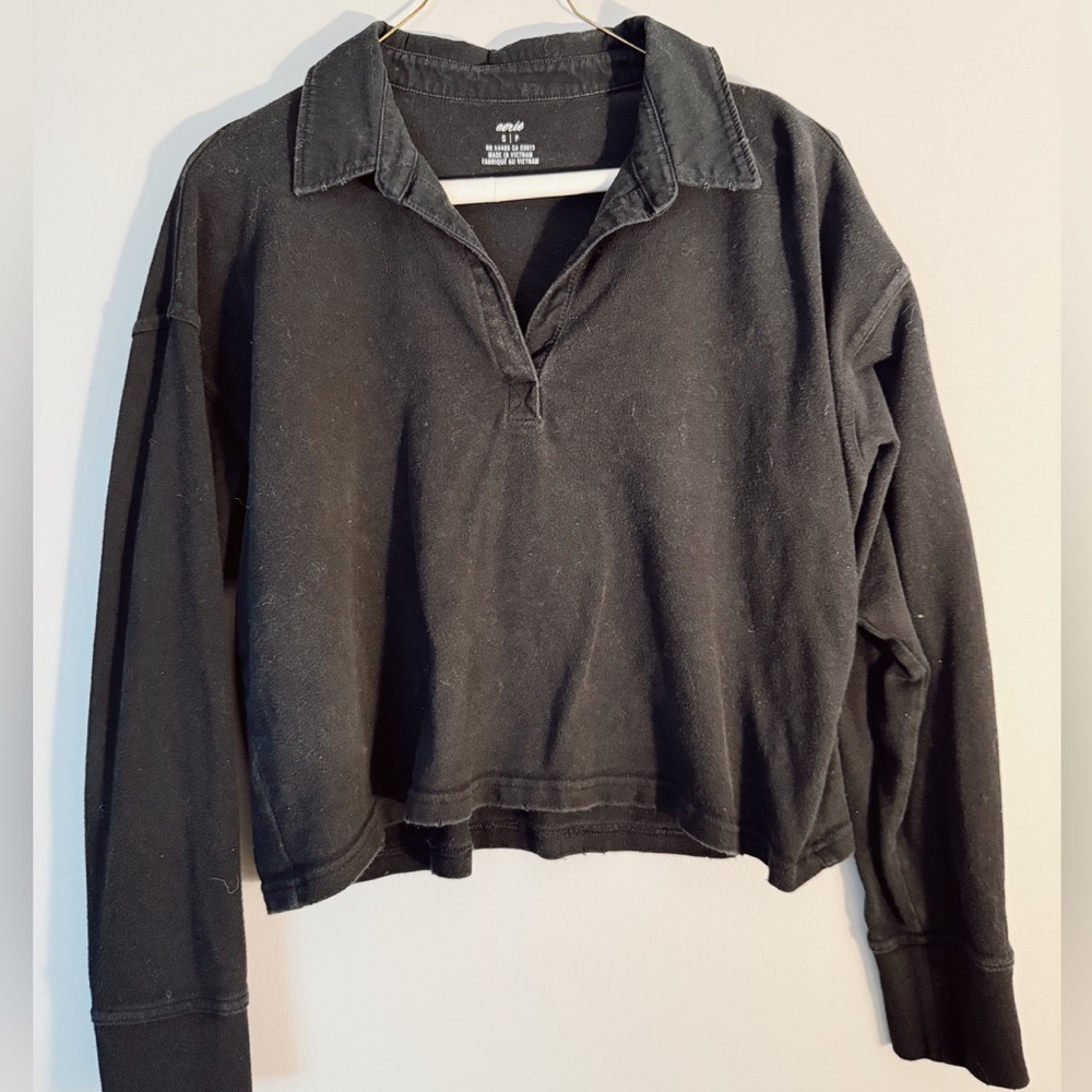 Black Cropped Polo Shirt – Aerie (Size Small)